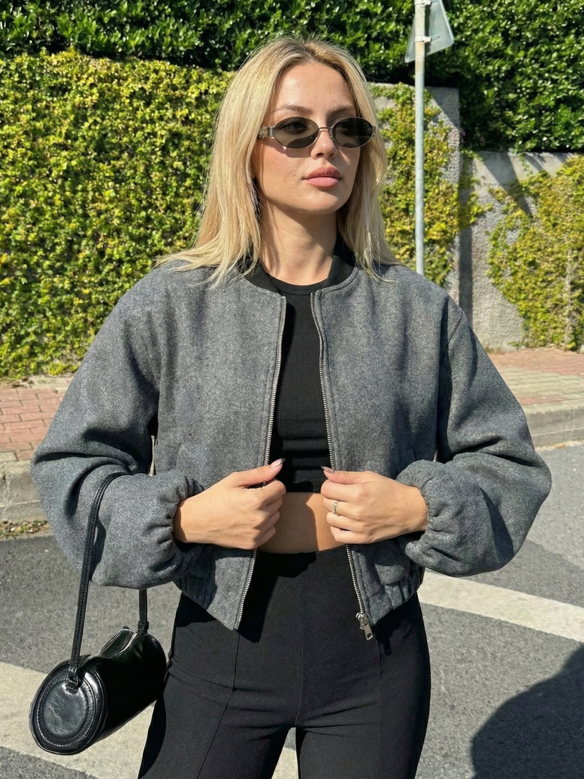 Collarless Wool Zip Bomber Jacket