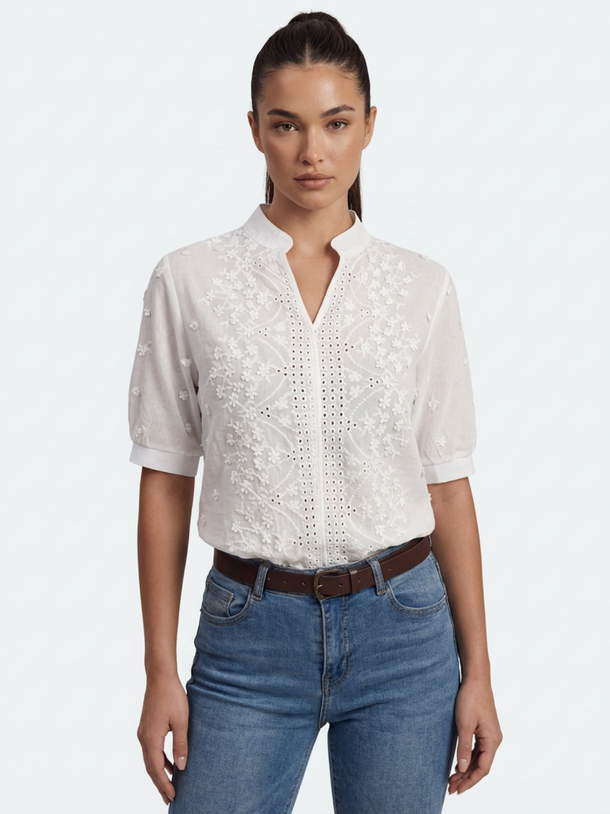 Embroidered V-Neck Short Sleeve Blouse