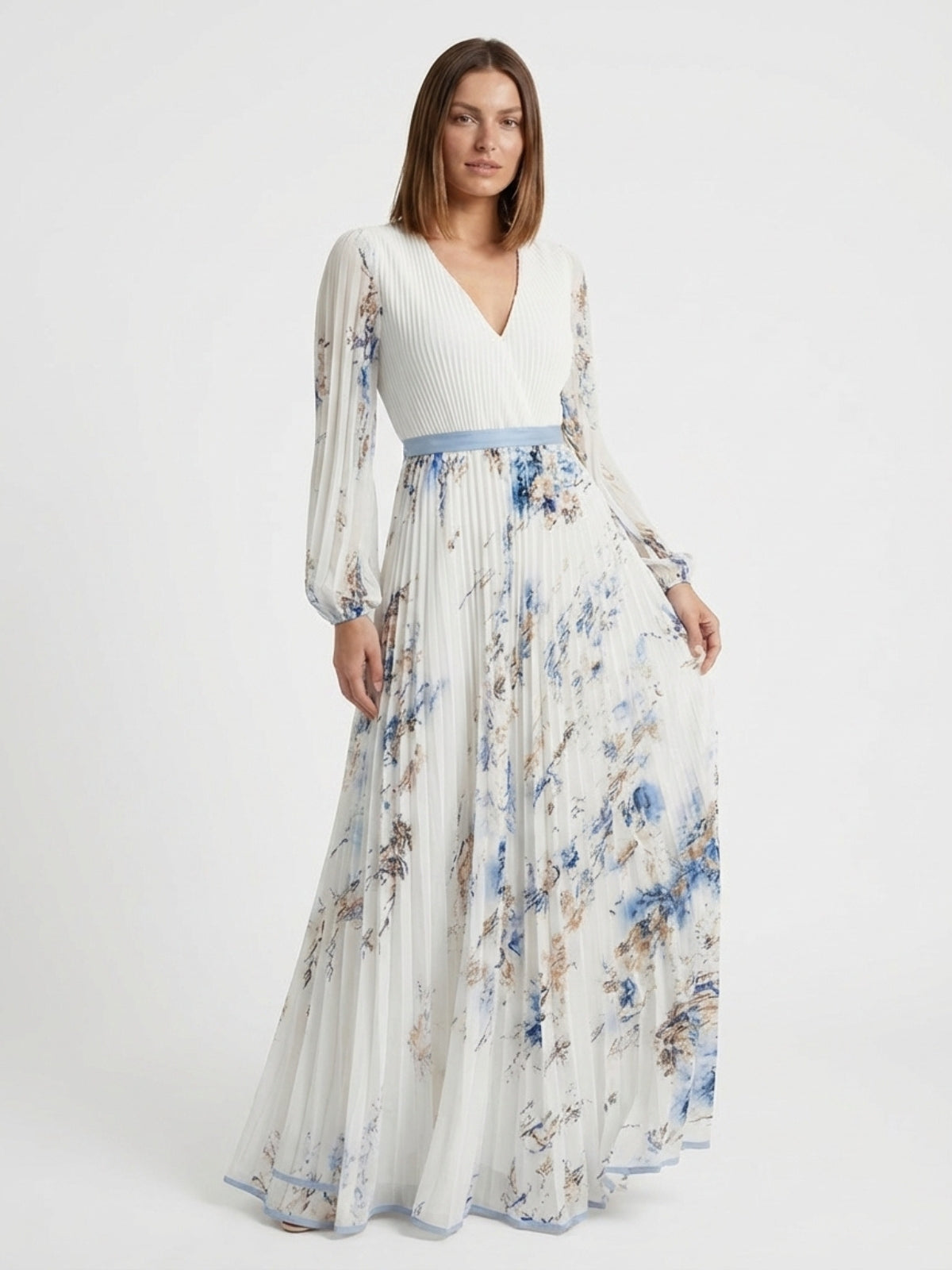 Floral Pleated V-Neck Maxi Dress