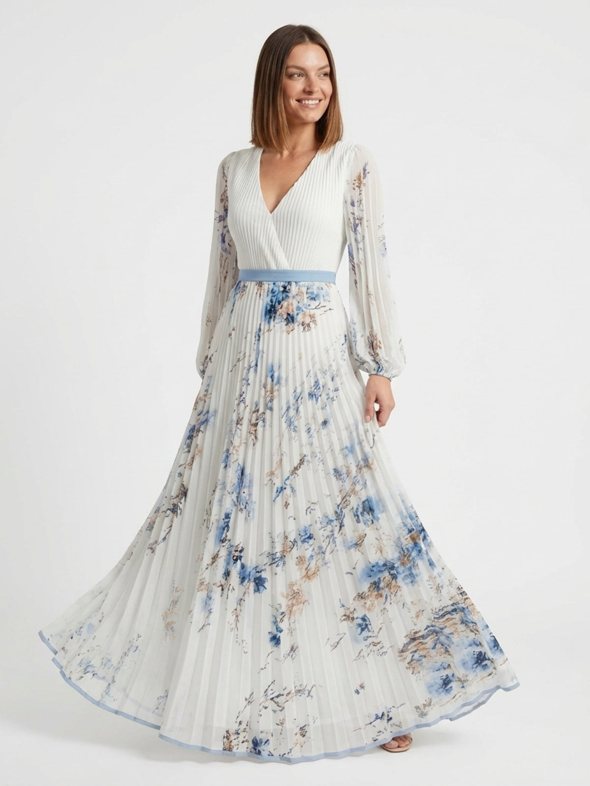 Floral Pleated V-Neck Maxi Dress