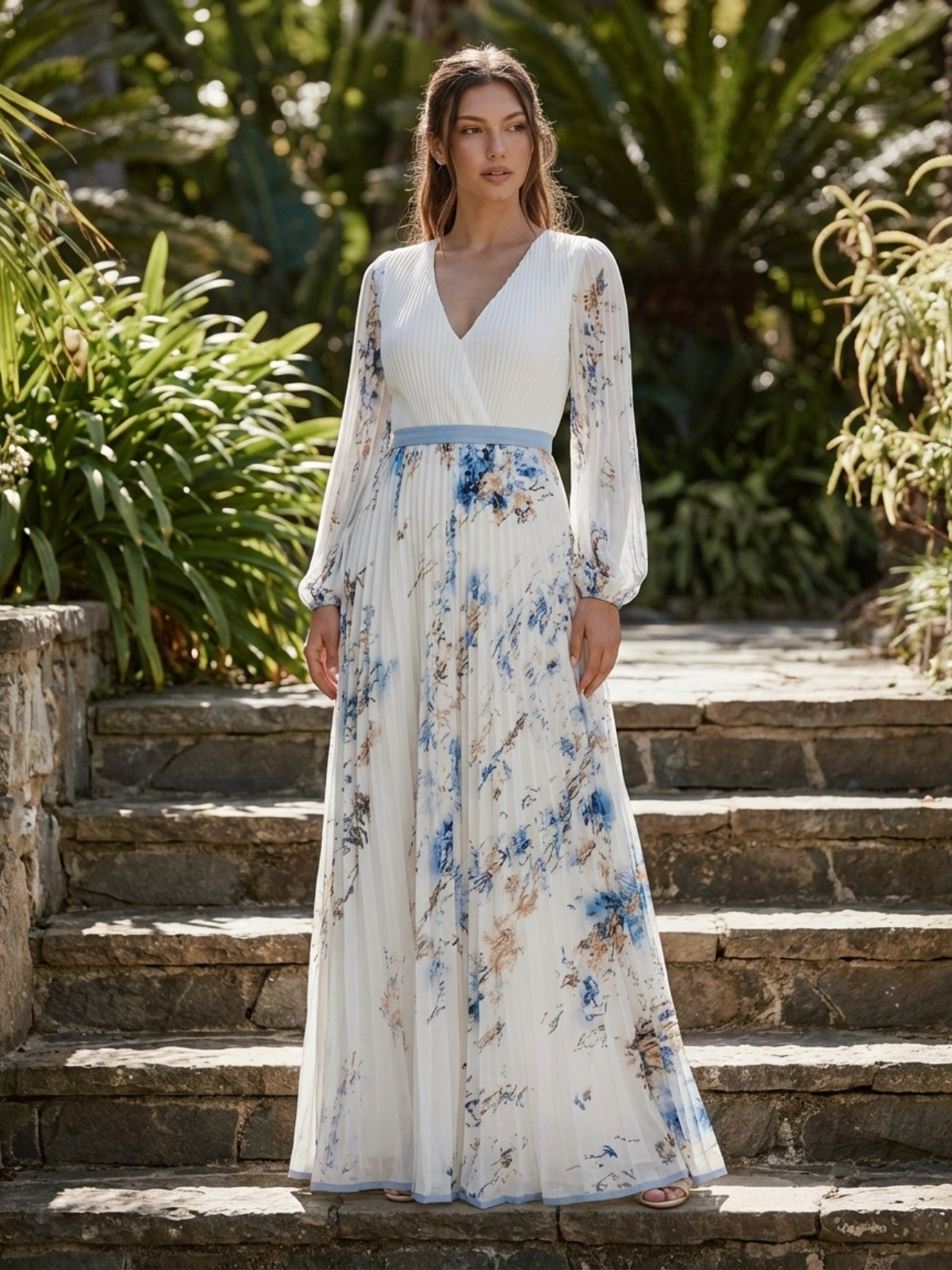 Floral Pleated V-Neck Maxi Dress