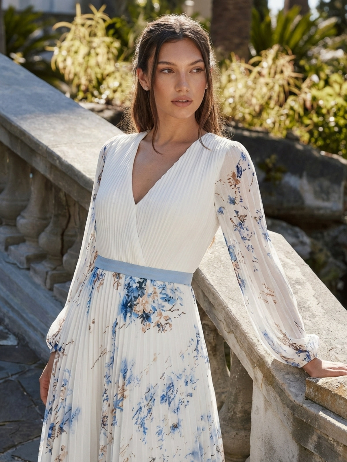Floral Pleated V-Neck Maxi Dress