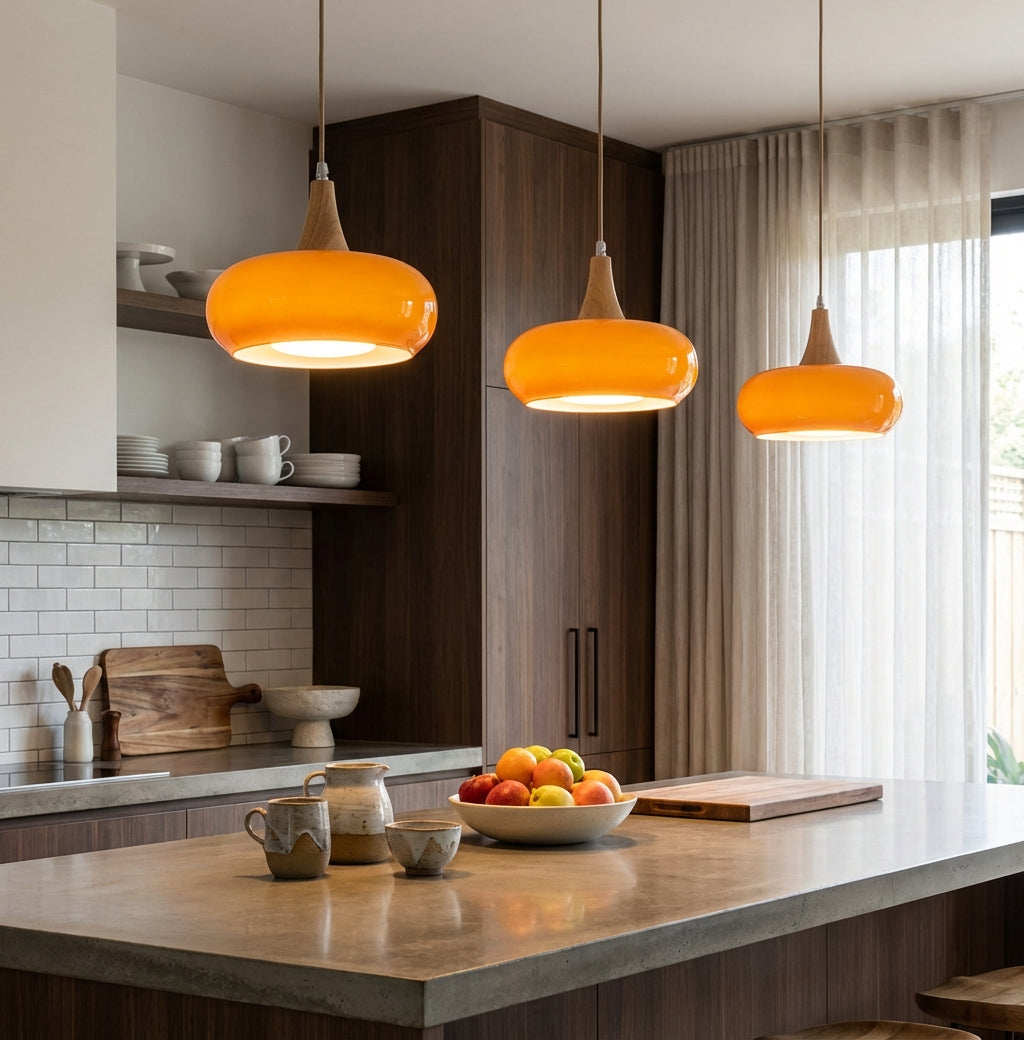 Glass and Wood Pendant Light - Scandinavian Dining Lamp in orange & wood