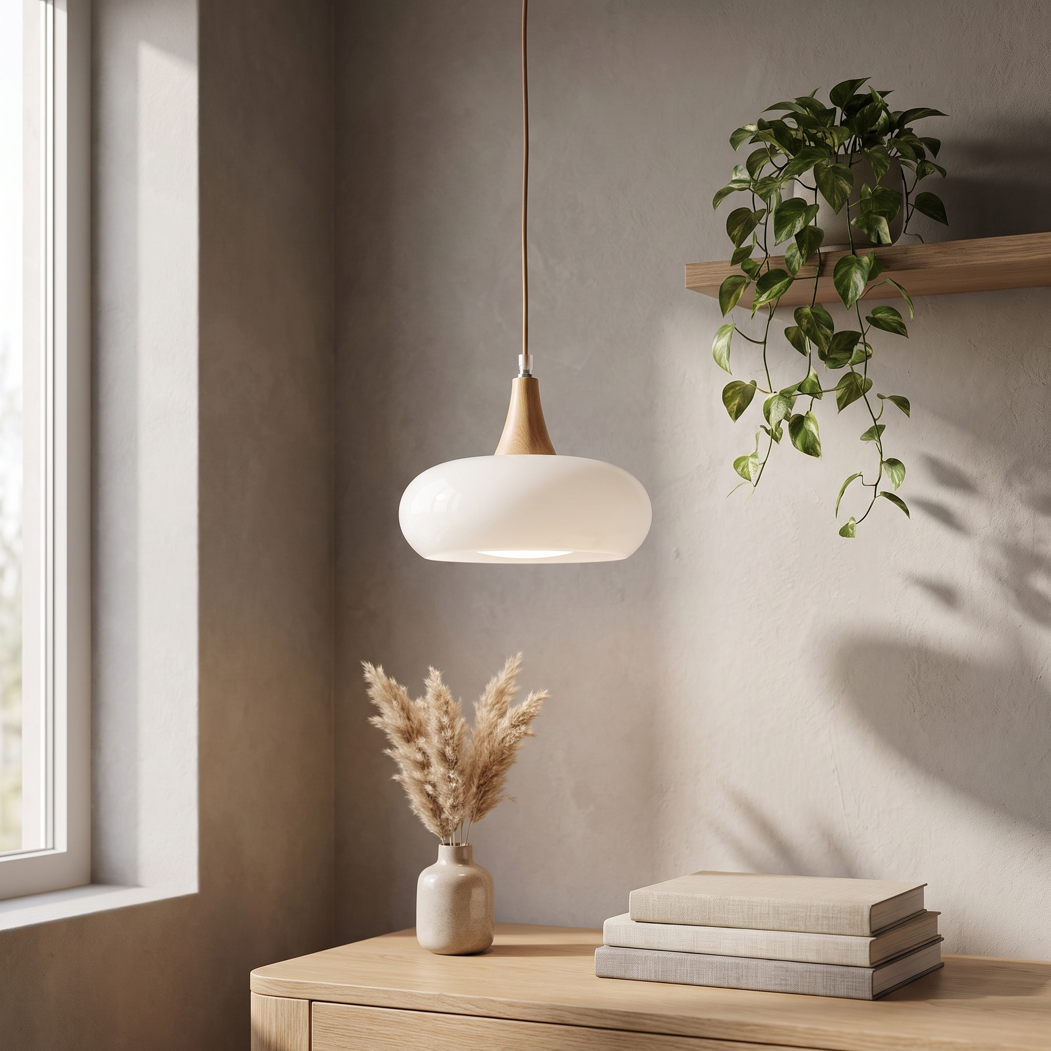 Glass and Wood Pendant Light - Scandinavian Dining Lamp in white & wood