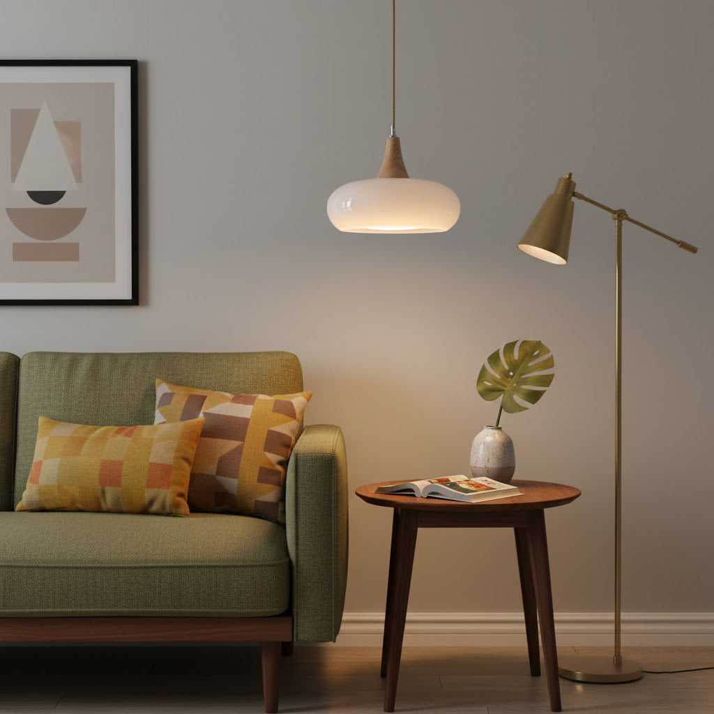 Glass and Wood Pendant Light - Scandinavian Dining Lamp in white & wood