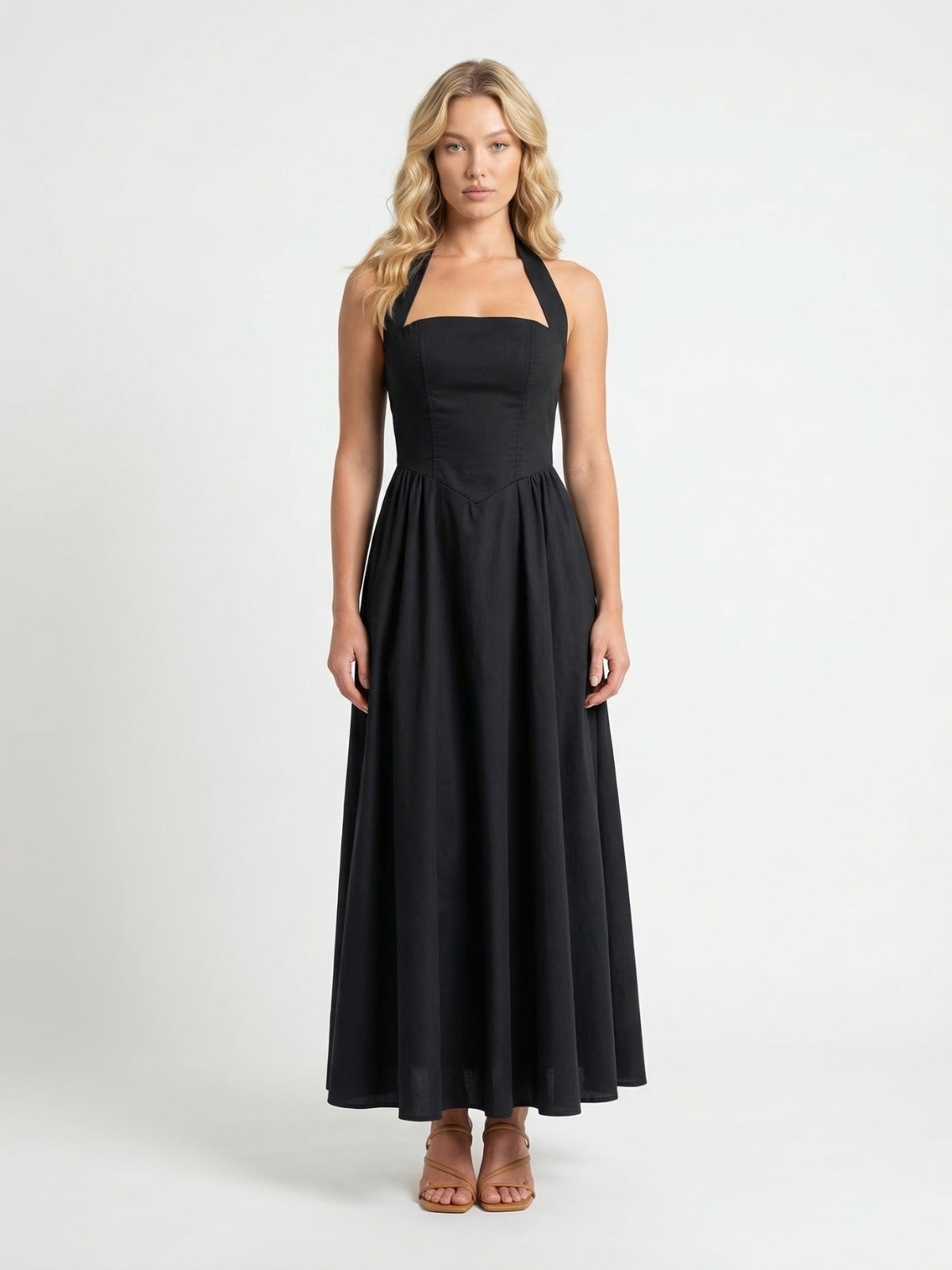 halterneck a line maxi dress Momyknows Chic Striped A-Line Halter Neck Shirring Spaghetti Straps Vacation Maternity Maxi Dress, Royal Blue / S