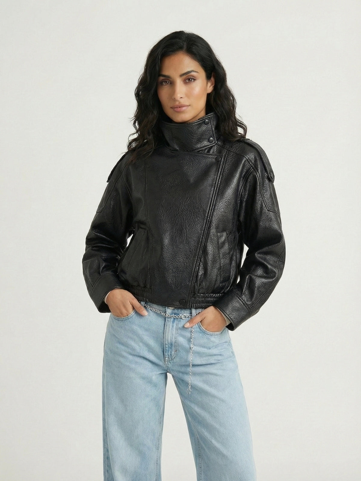 High Neck Faux Leather Moto Jacket