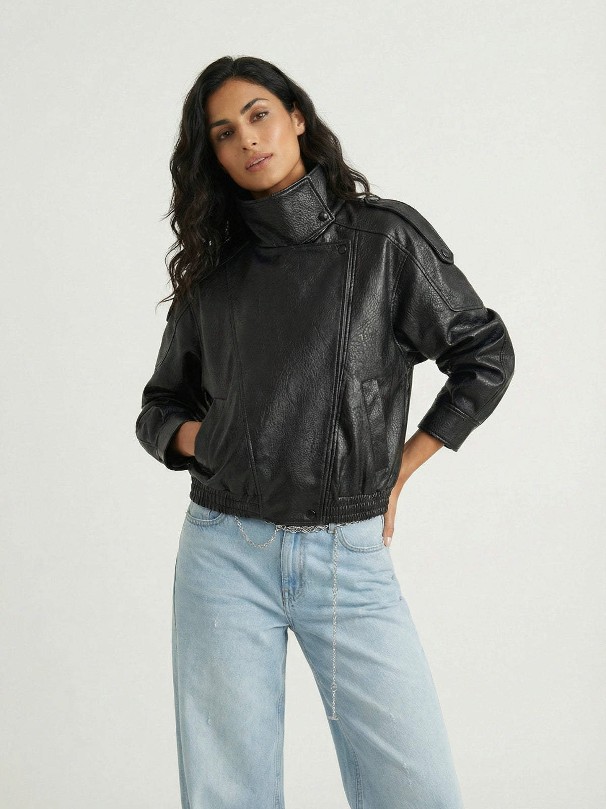 High Neck Faux Leather Moto Jacket