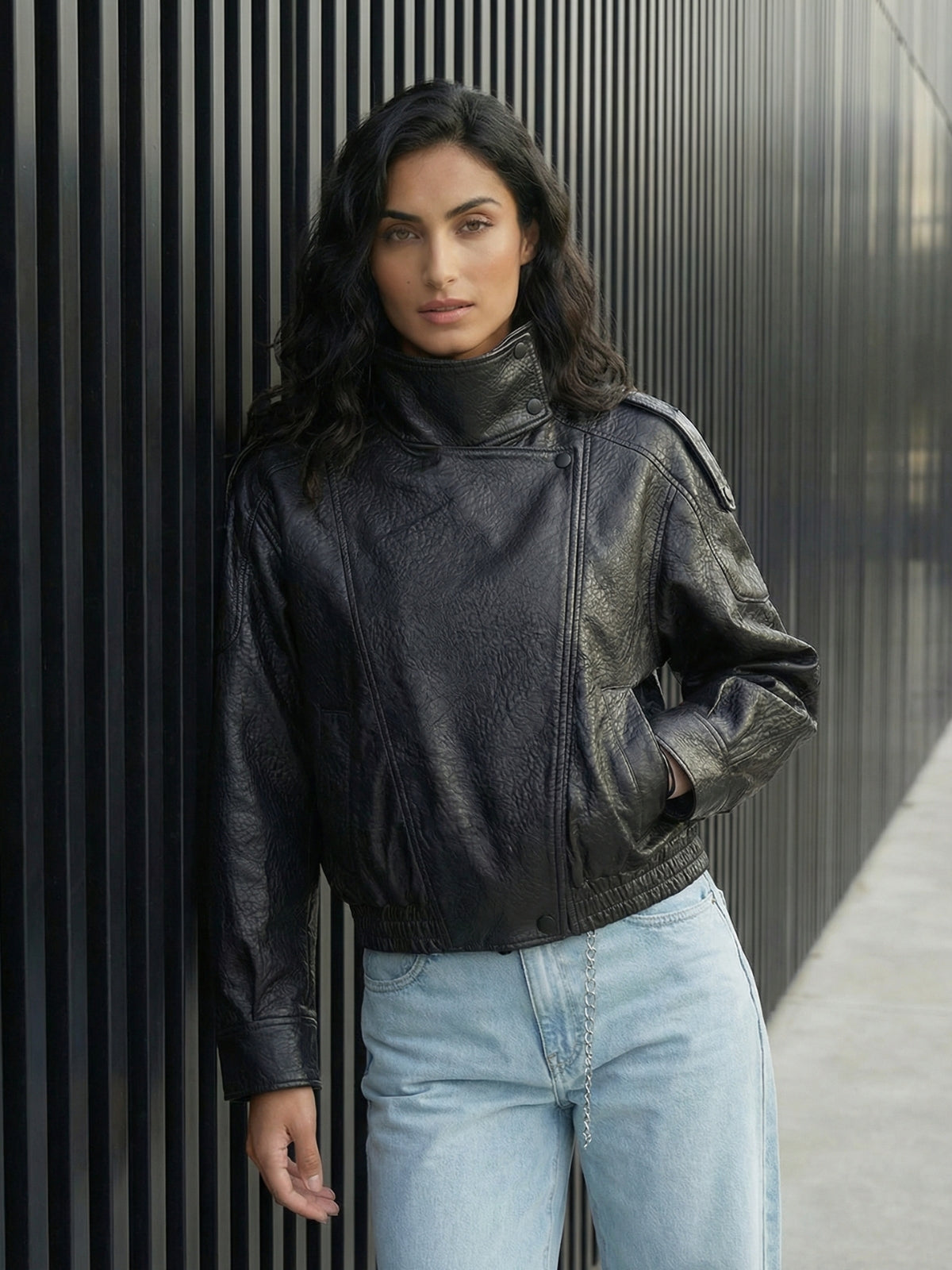 High Neck Faux Leather Moto Jacket