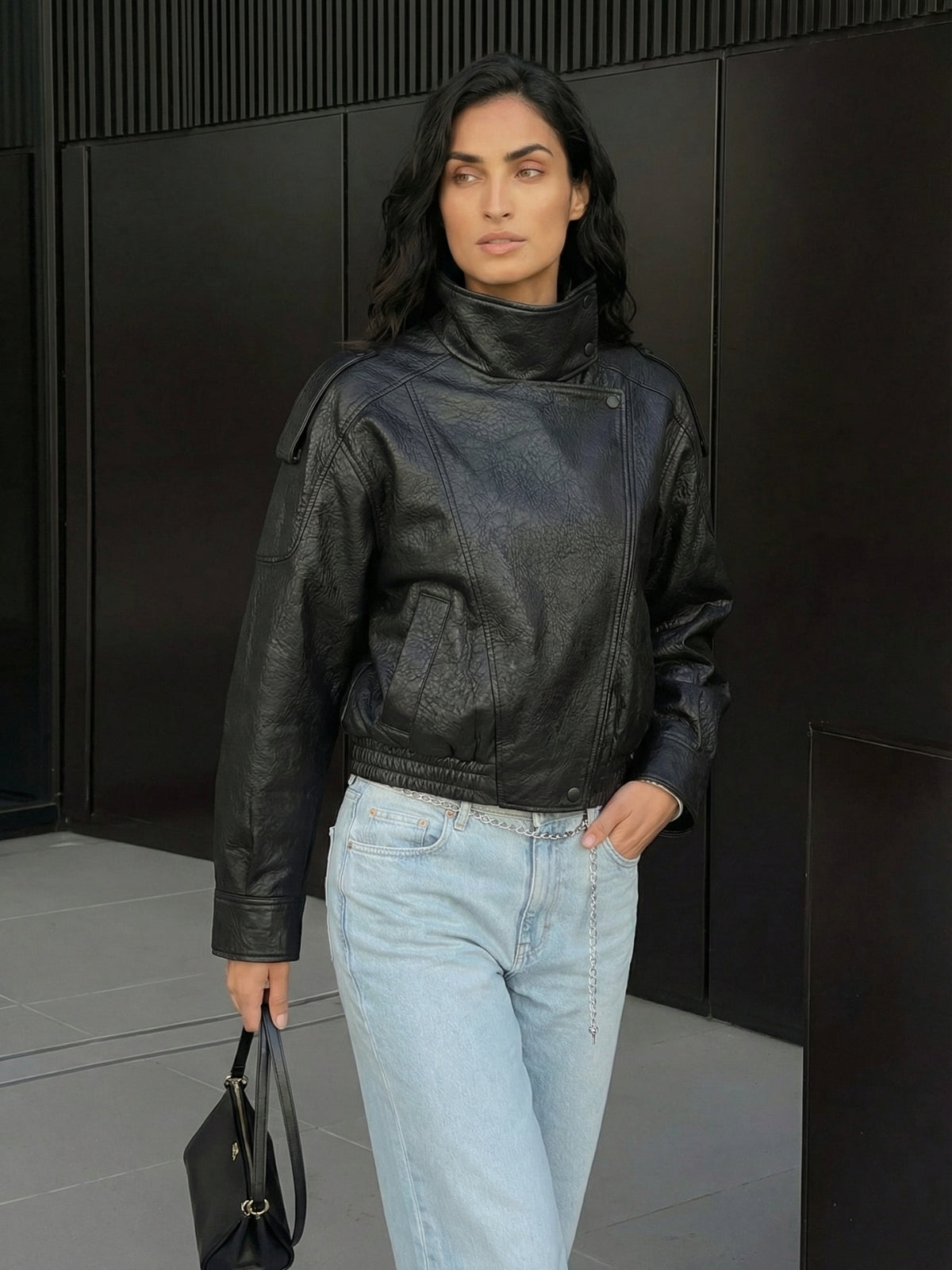 High Neck Faux Leather Moto Jacket