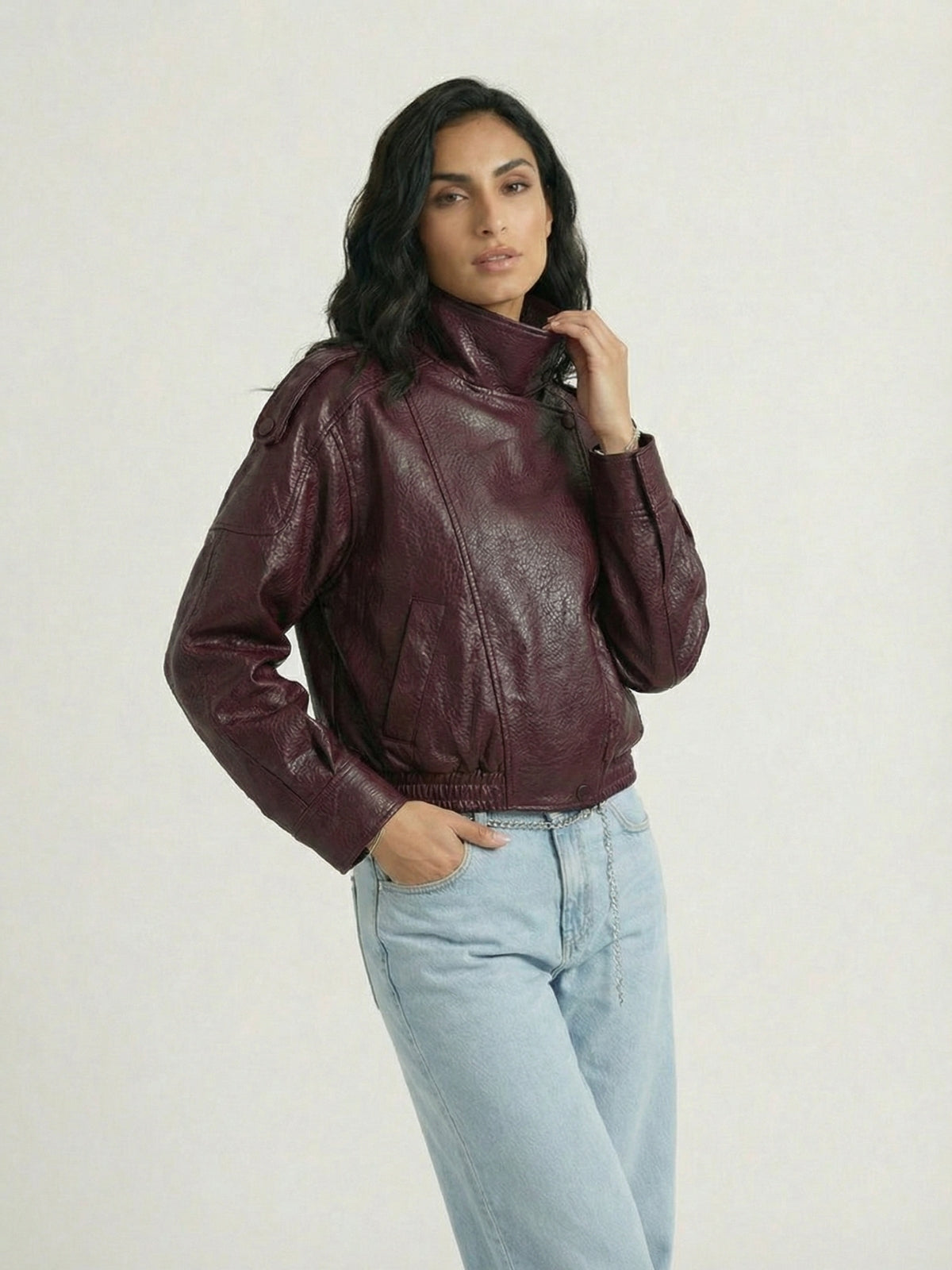 High Neck Faux Leather Moto Jacket