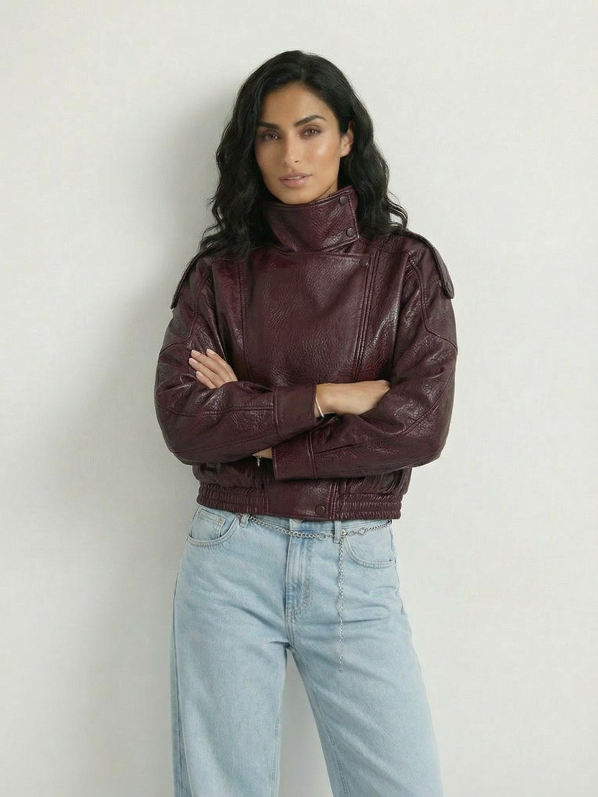 High Neck Faux Leather Moto Jacket