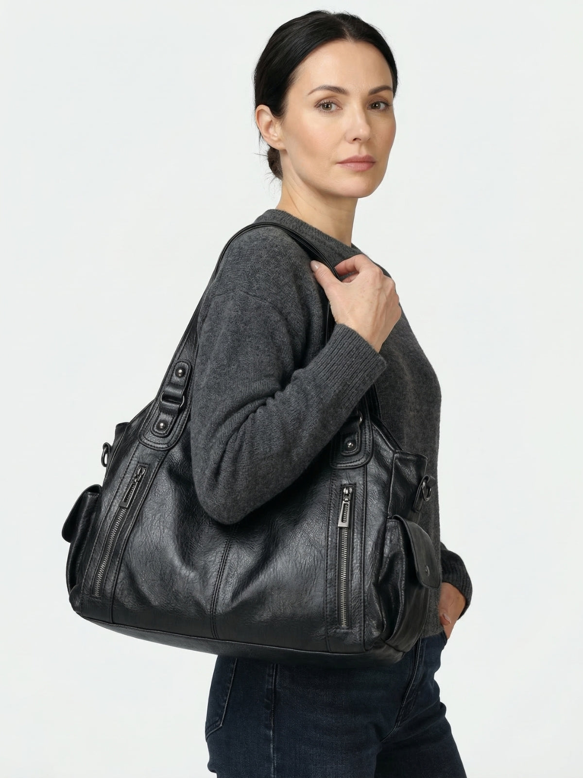 Multi-Pocket Vegan Leather Tote Bag