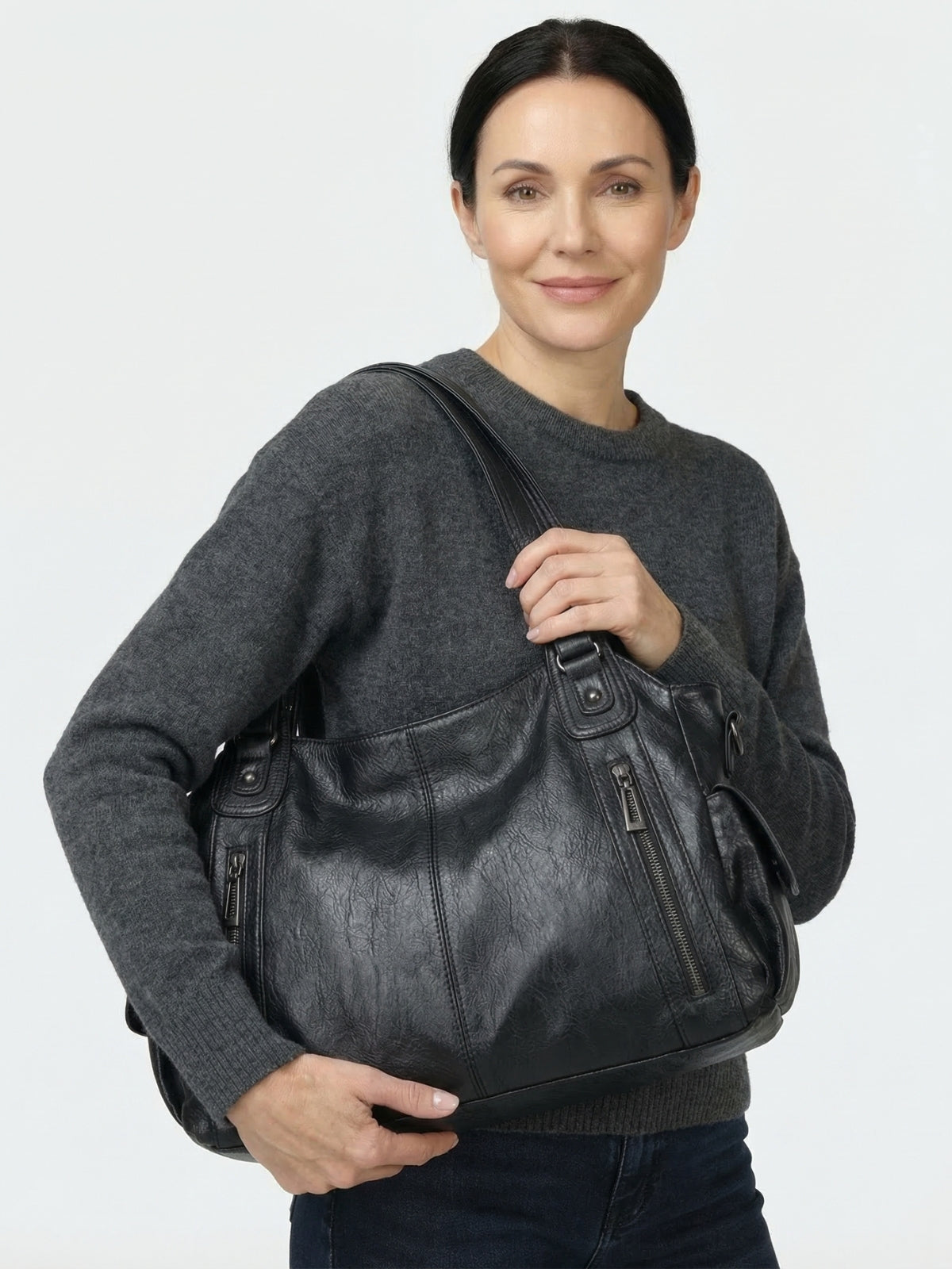 Multi-Pocket Vegan Leather Tote Bag