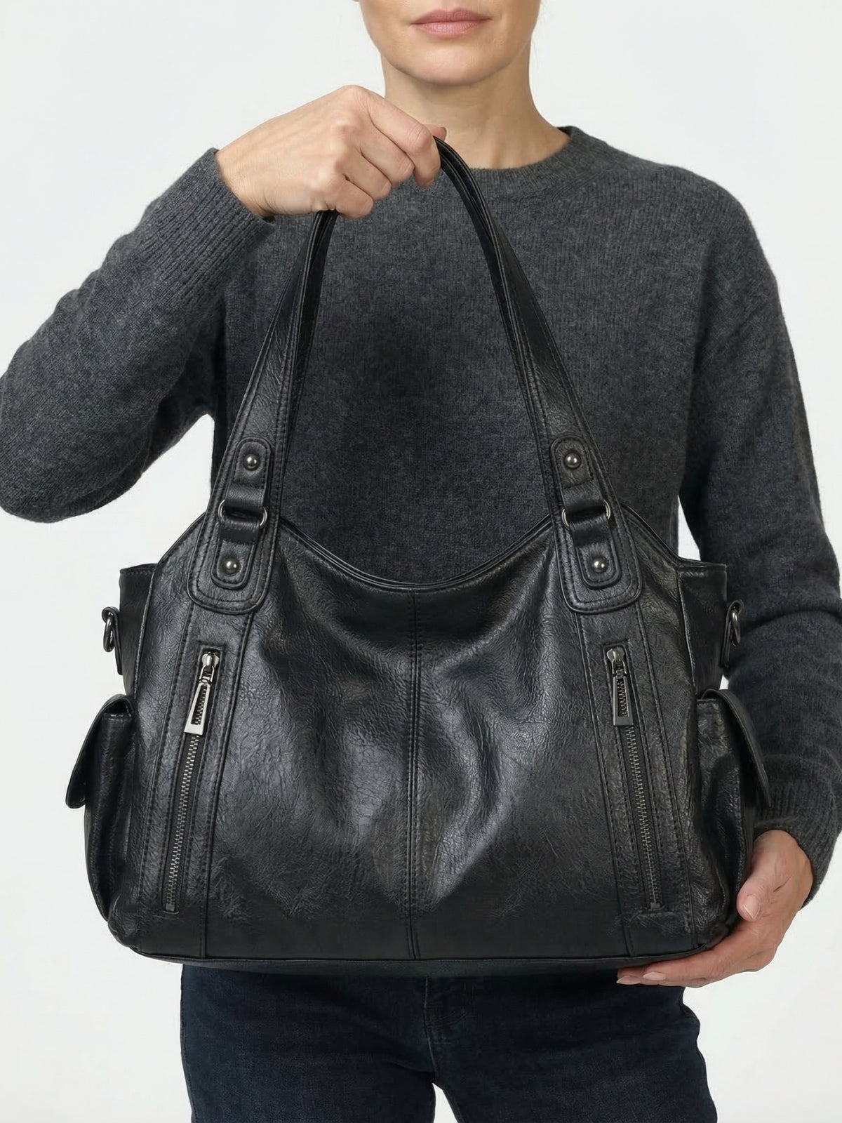 Multi-Pocket Vegan Leather Tote Bag