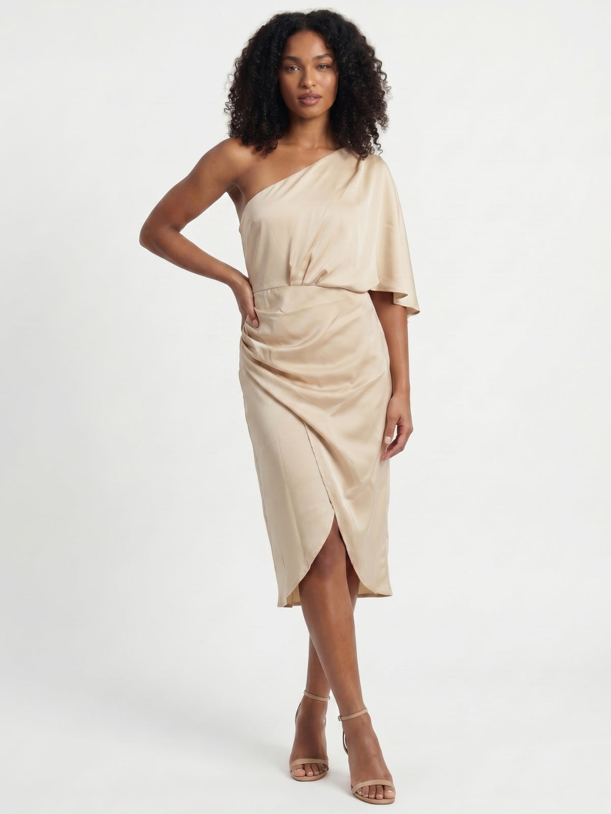One Shoulder Draped Wrap Midi Dress