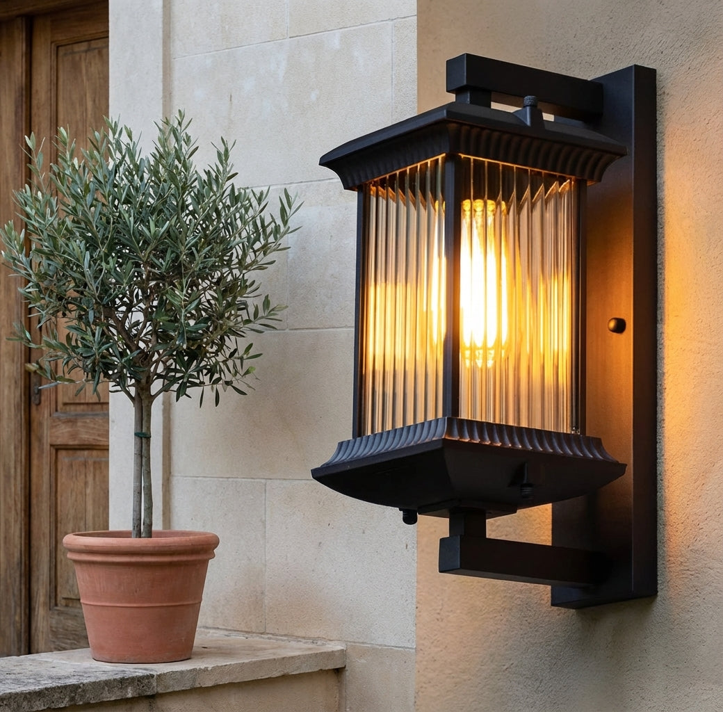 Outdoor Wall Lantern Light - Fluted Glass Porch Sconce in black