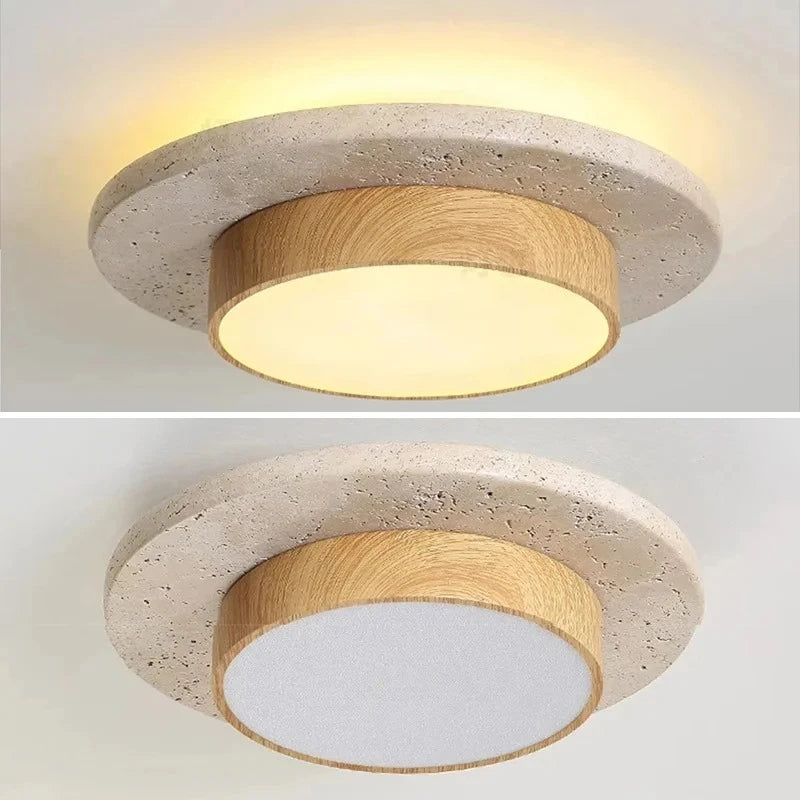Travertine Wood Flush Mount Ceiling Light in d22cm-wood