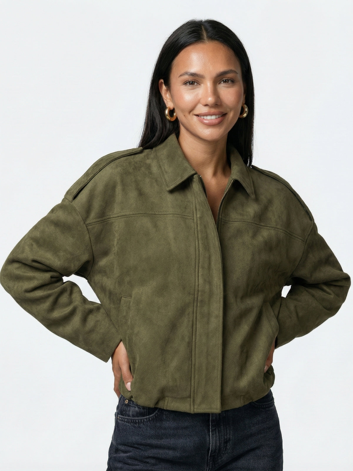 Suede Zip-Up Bomber Jacket