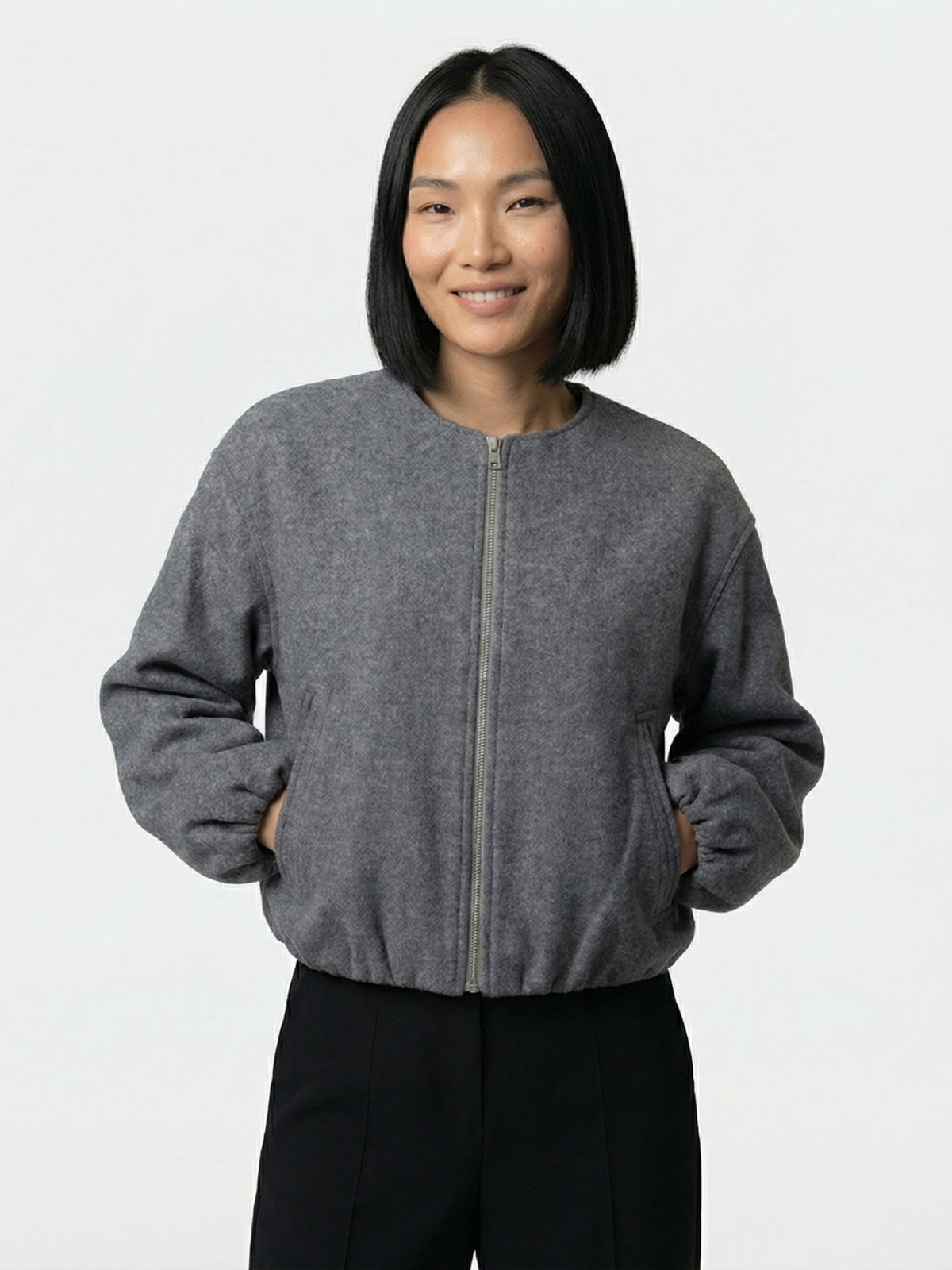 Collarless Wool Zip Bomber Jacket