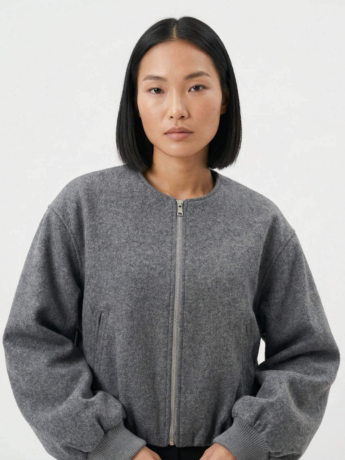 Collarless Wool Zip Bomber Jacket