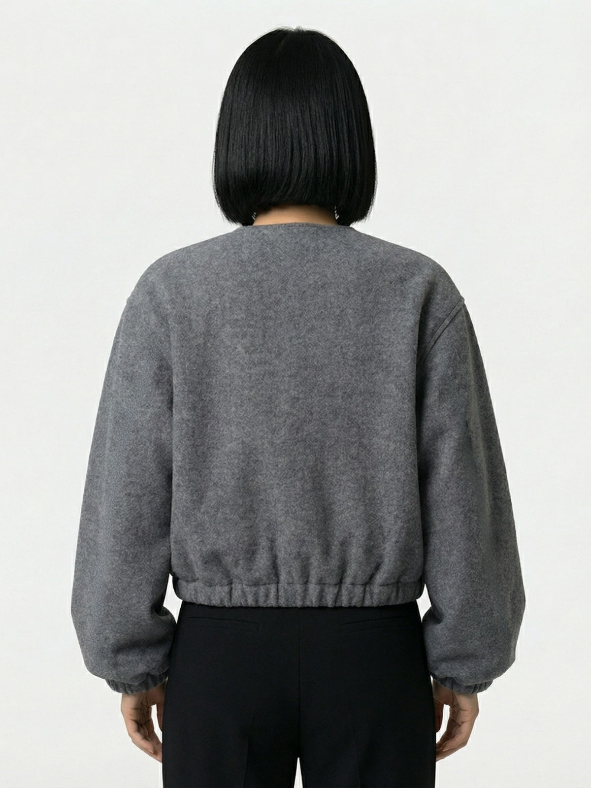 Collarless Wool Zip Bomber Jacket