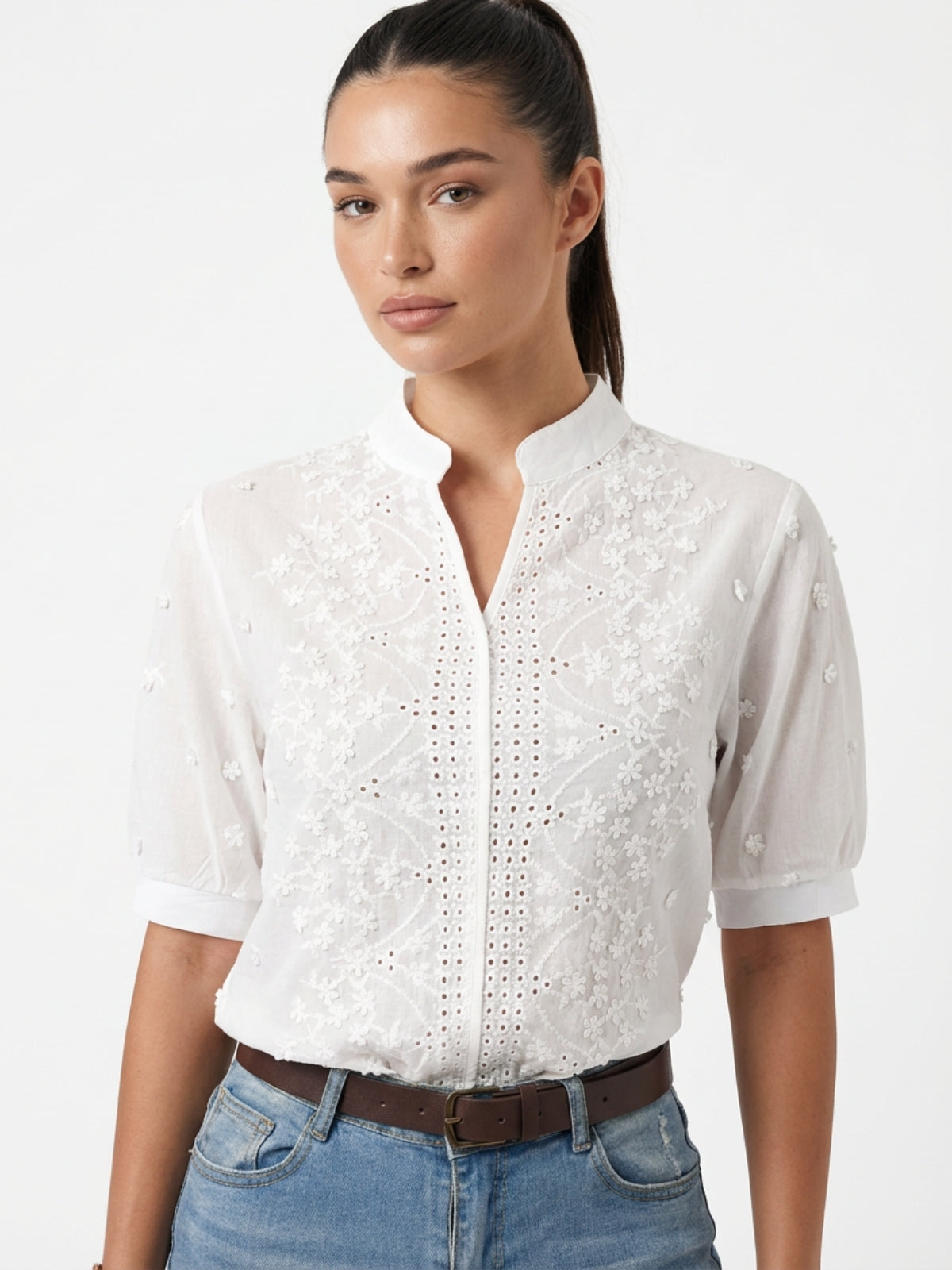 Embroidered V-Neck Short Sleeve Blouse