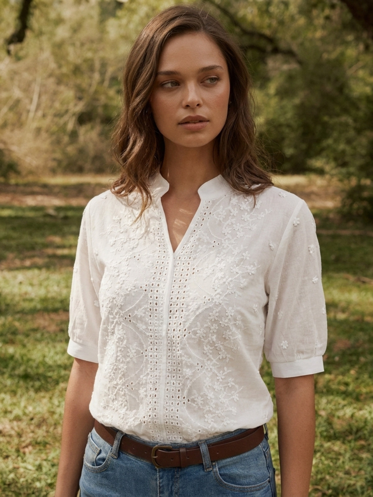 Embroidered V-Neck Short Sleeve Blouse