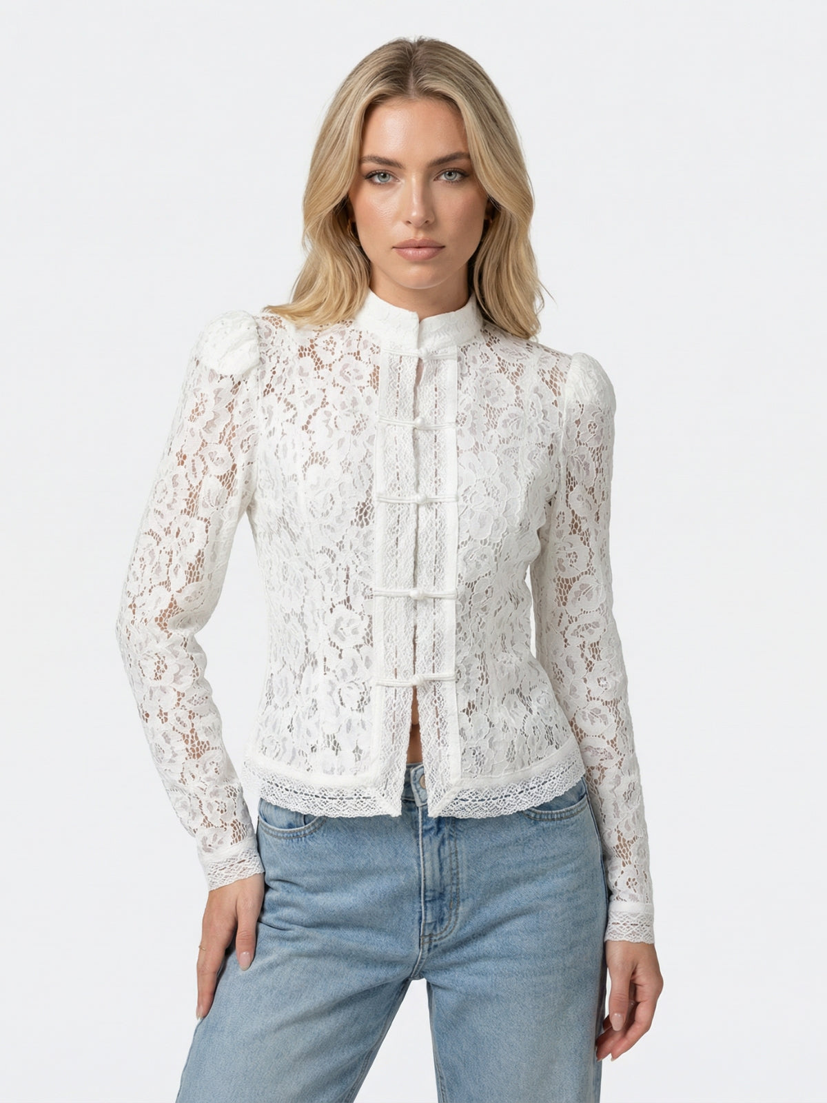 Floral Lace Frog Button Blouse