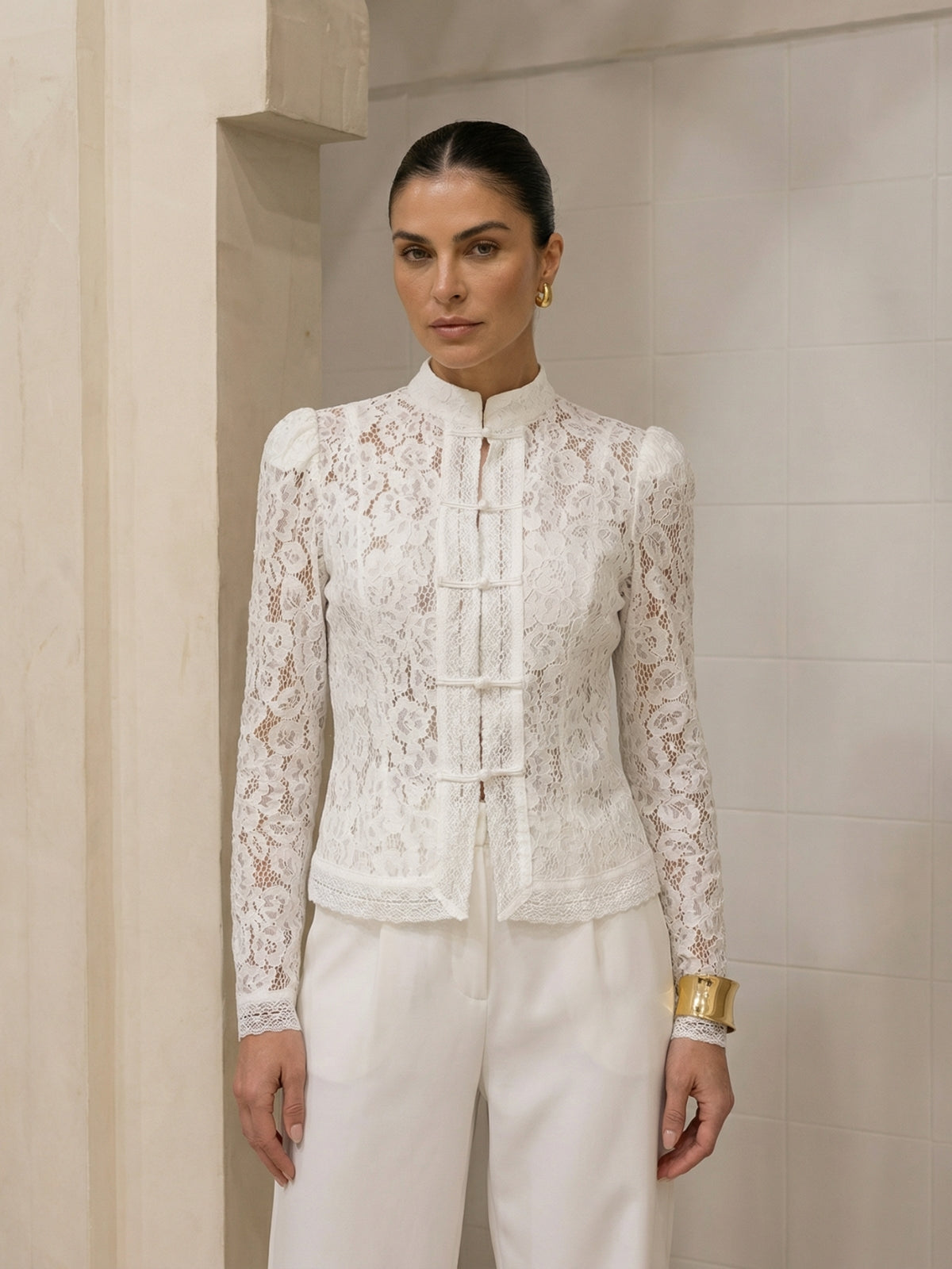 Floral Lace Frog Button Blouse