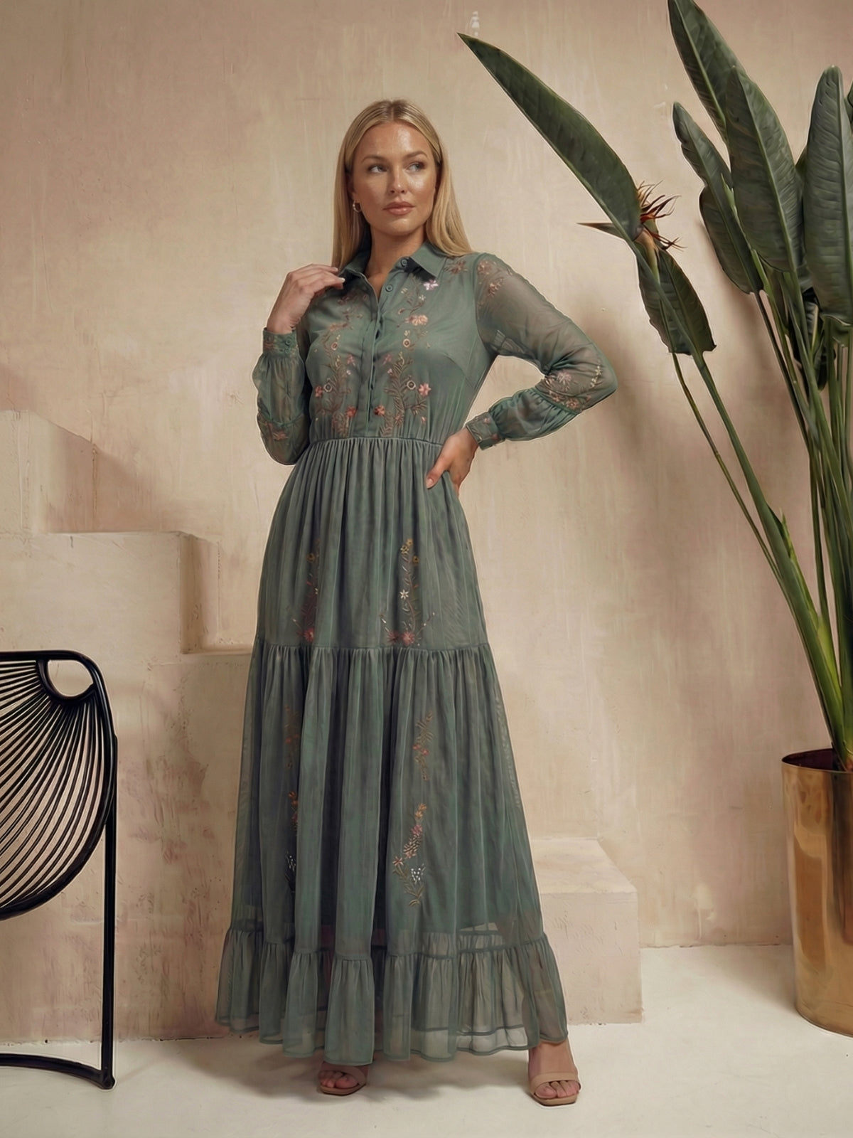 Floral Embroidered Tiered Maxi Dress