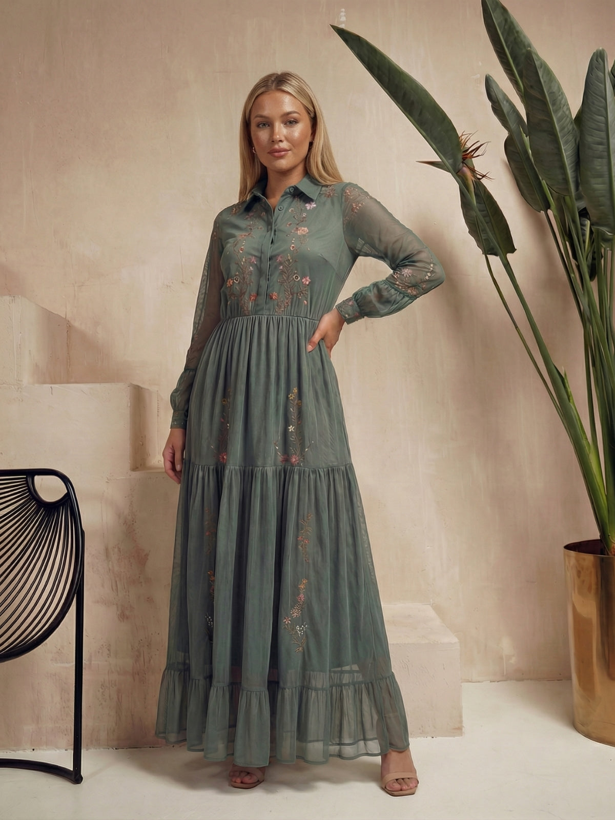 Floral Embroidered Tiered Maxi Dress
