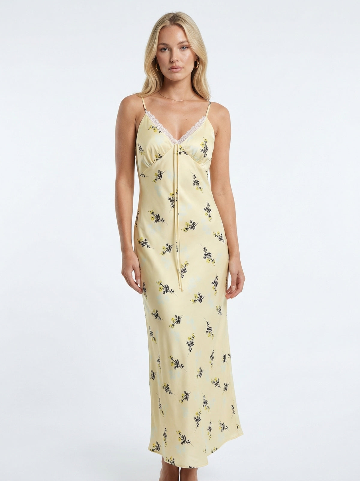 Floral Lace Trim Satin Maxi Dress
