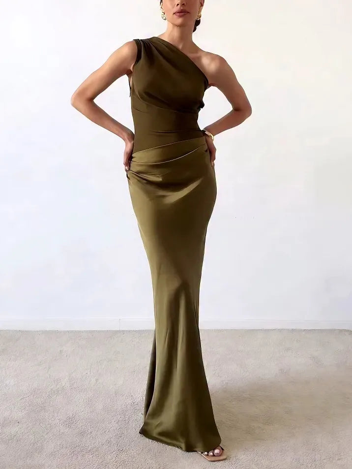 Freya Elegant One Shoulder Neck Pleated Party Maxi Dress
