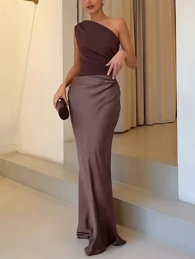 Freya Elegant One Shoulder Neck Pleated Party Maxi Dress