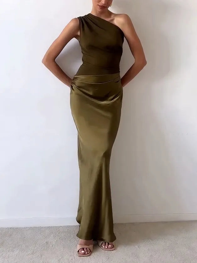 Freya Elegant One Shoulder Neck Pleated Party Maxi Dress