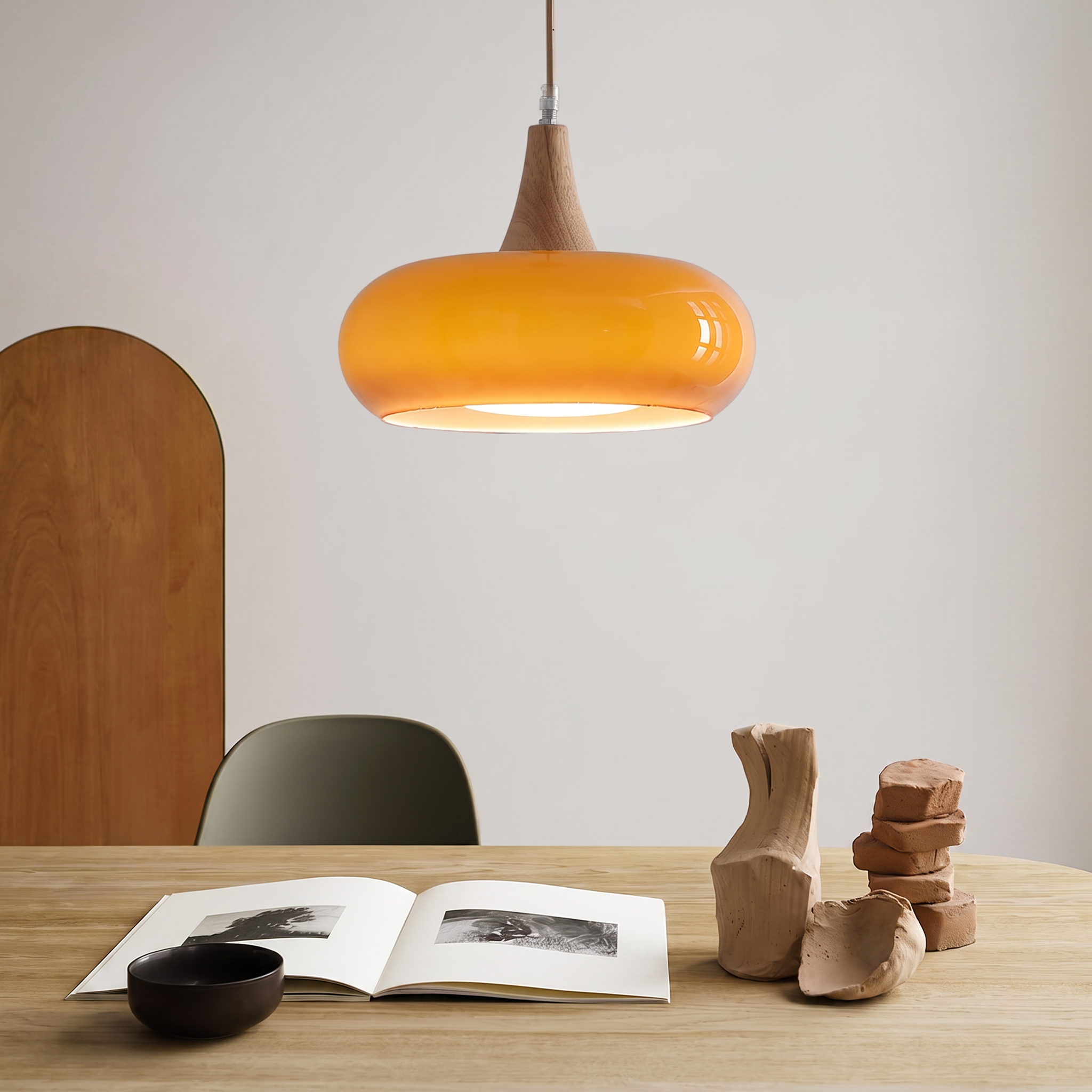 Glass and Wood Pendant Light - Scandinavian Dining Lamp in orange & wood
