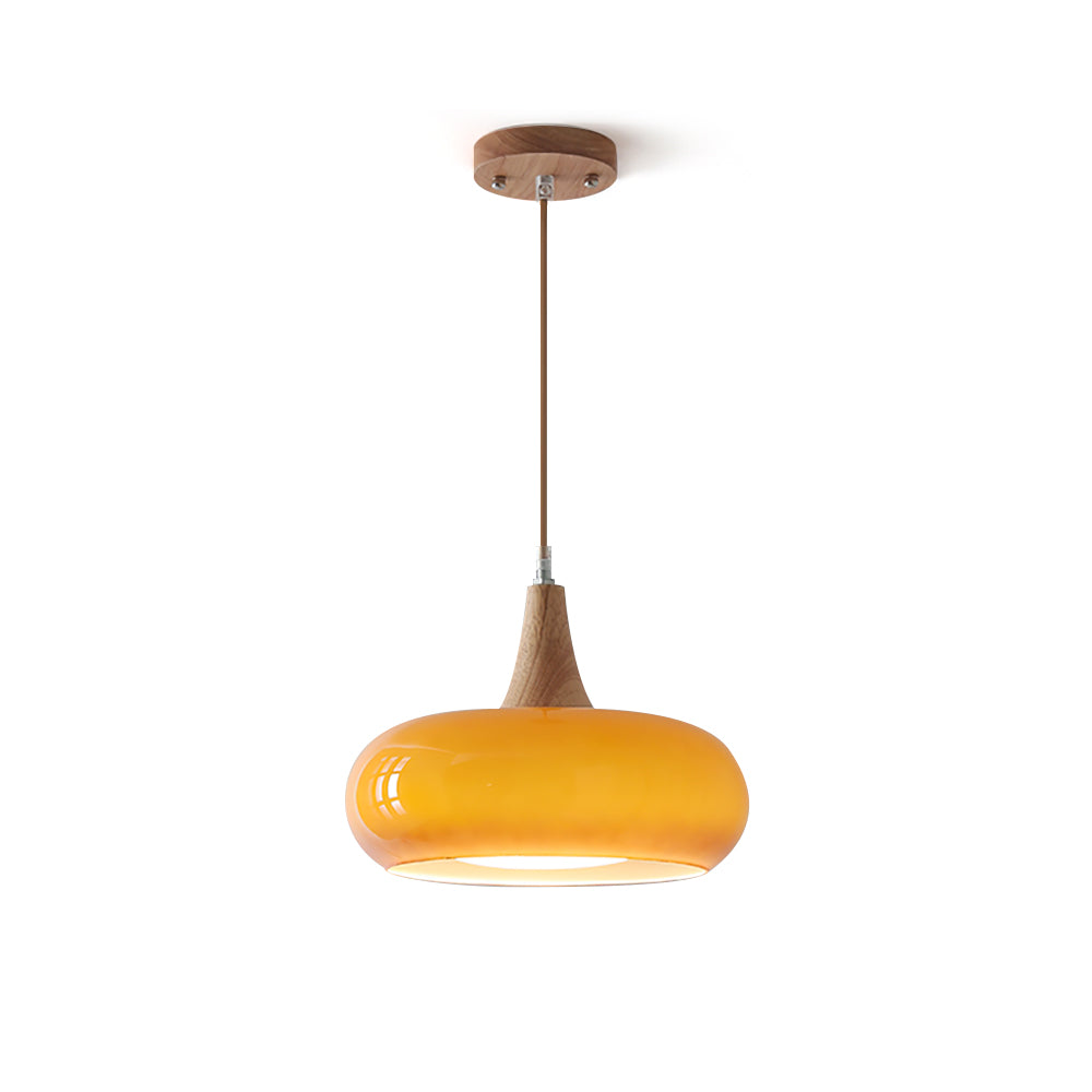Glass and Wood Pendant Light - Scandinavian Dining Lamp in orange & wood