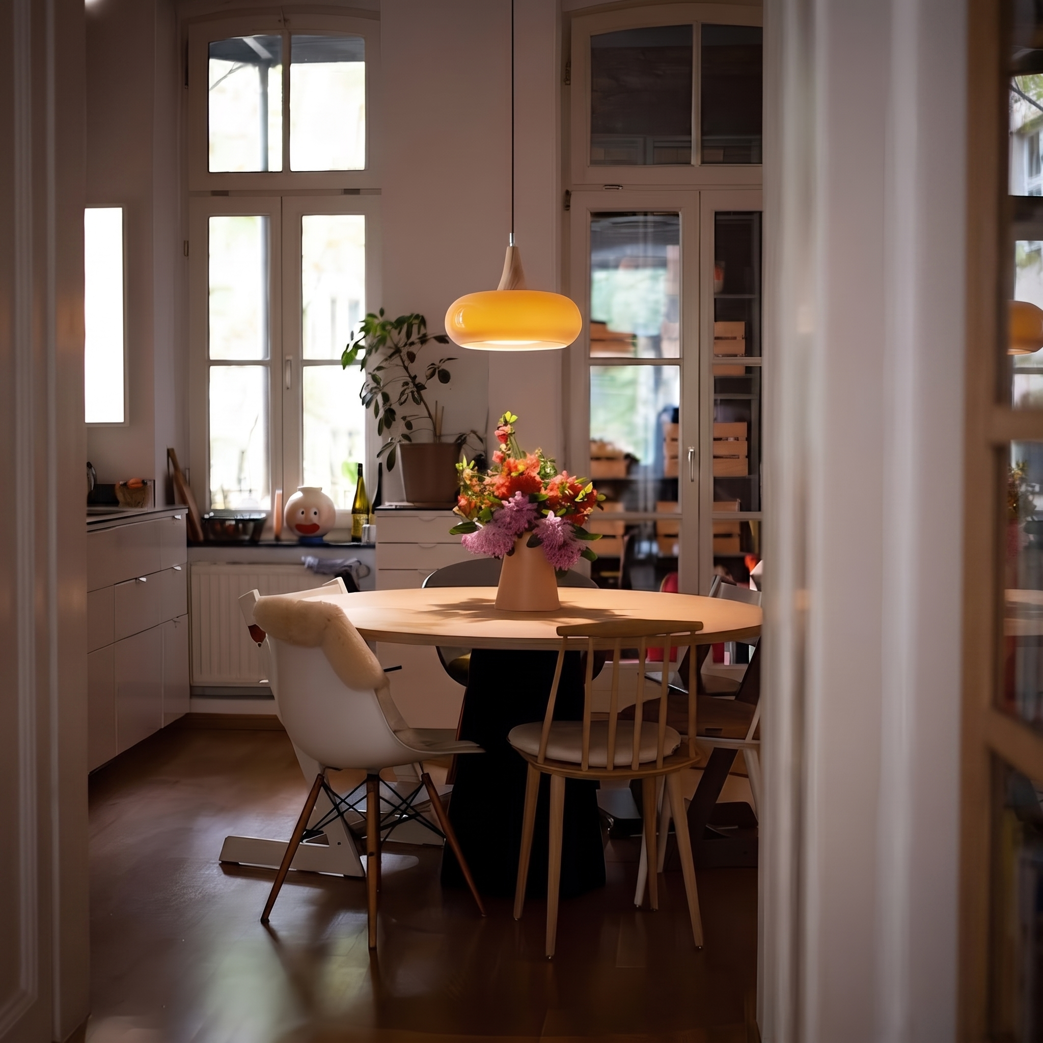 Glass and Wood Pendant Light - Scandinavian Dining Lamp in orange & wood