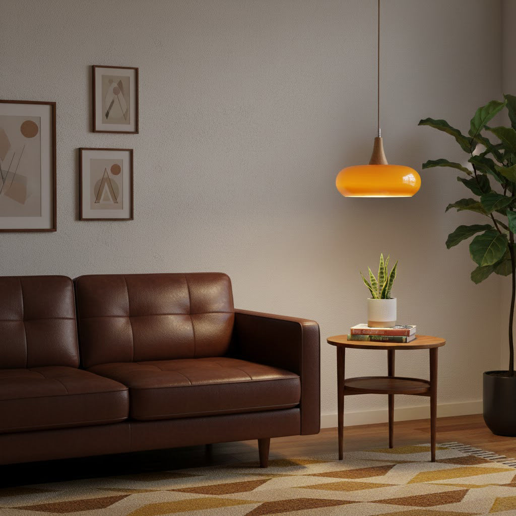 Glass and Wood Pendant Light - Scandinavian Dining Lamp in orange & wood