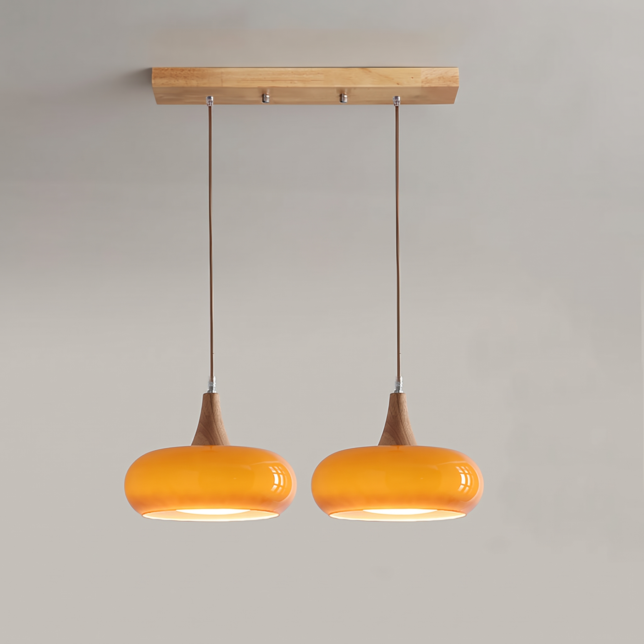 Glass and Wood Pendant Light - Scandinavian Dining Lamp in orange & wood
