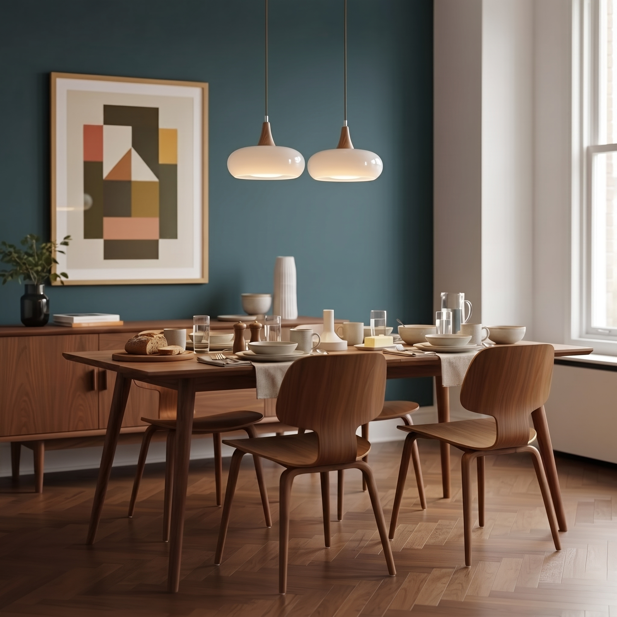 Glass and Wood Pendant Light - Scandinavian Dining Lamp in white & wood
