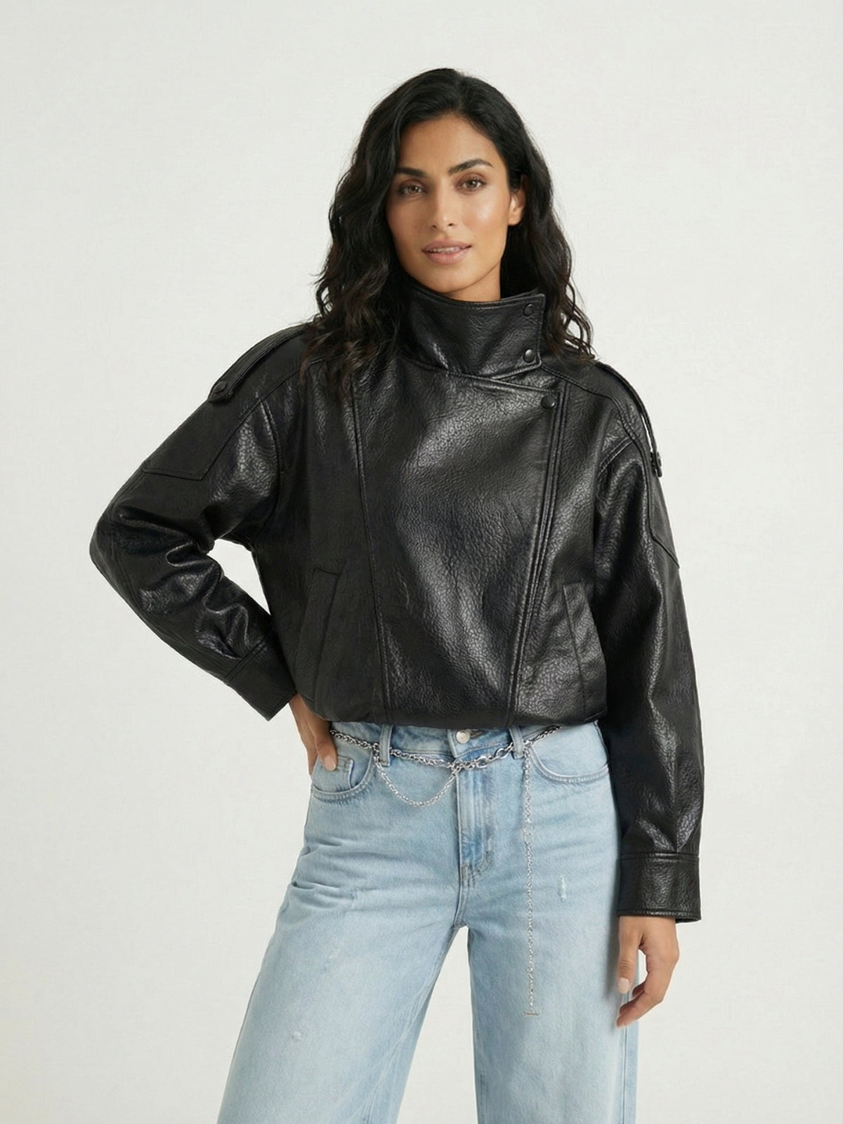 High Neck Faux Leather Moto Jacket