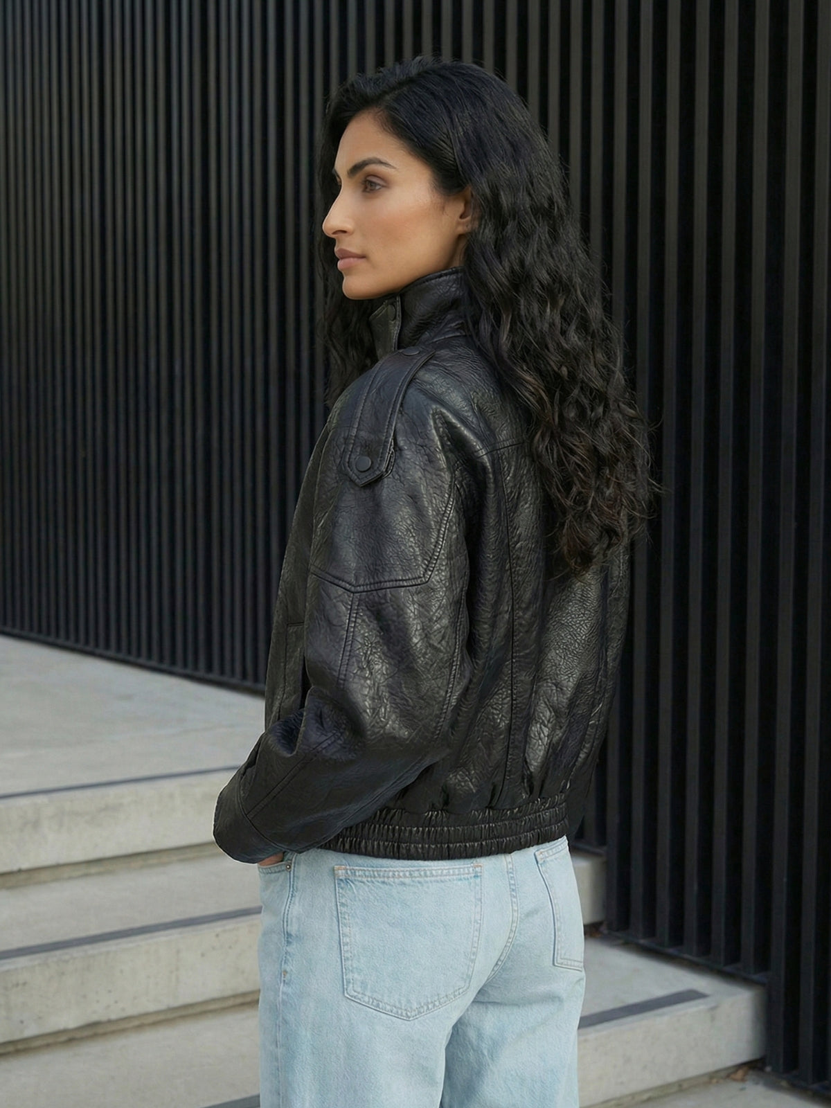 High Neck Faux Leather Moto Jacket