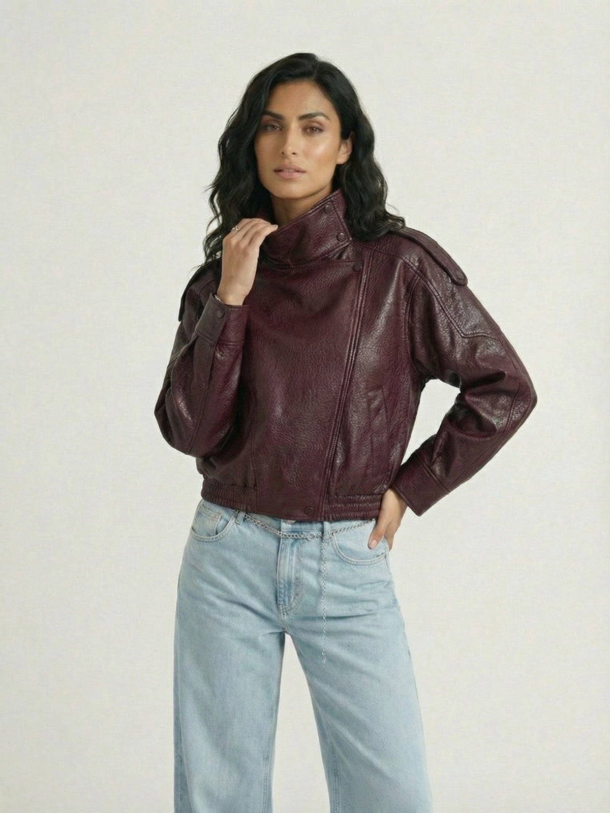 High Neck Faux Leather Moto Jacket