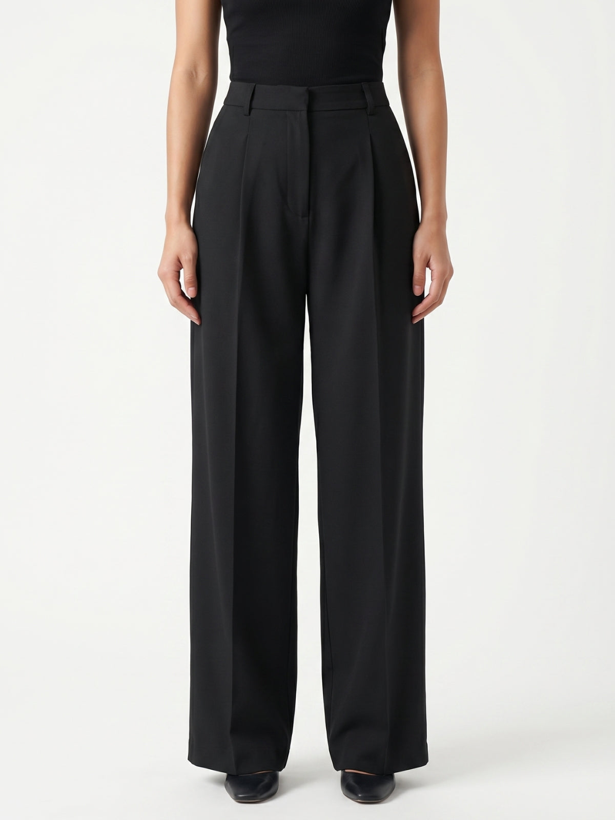 High Waist Pleated Wide Leg Trousers - Black