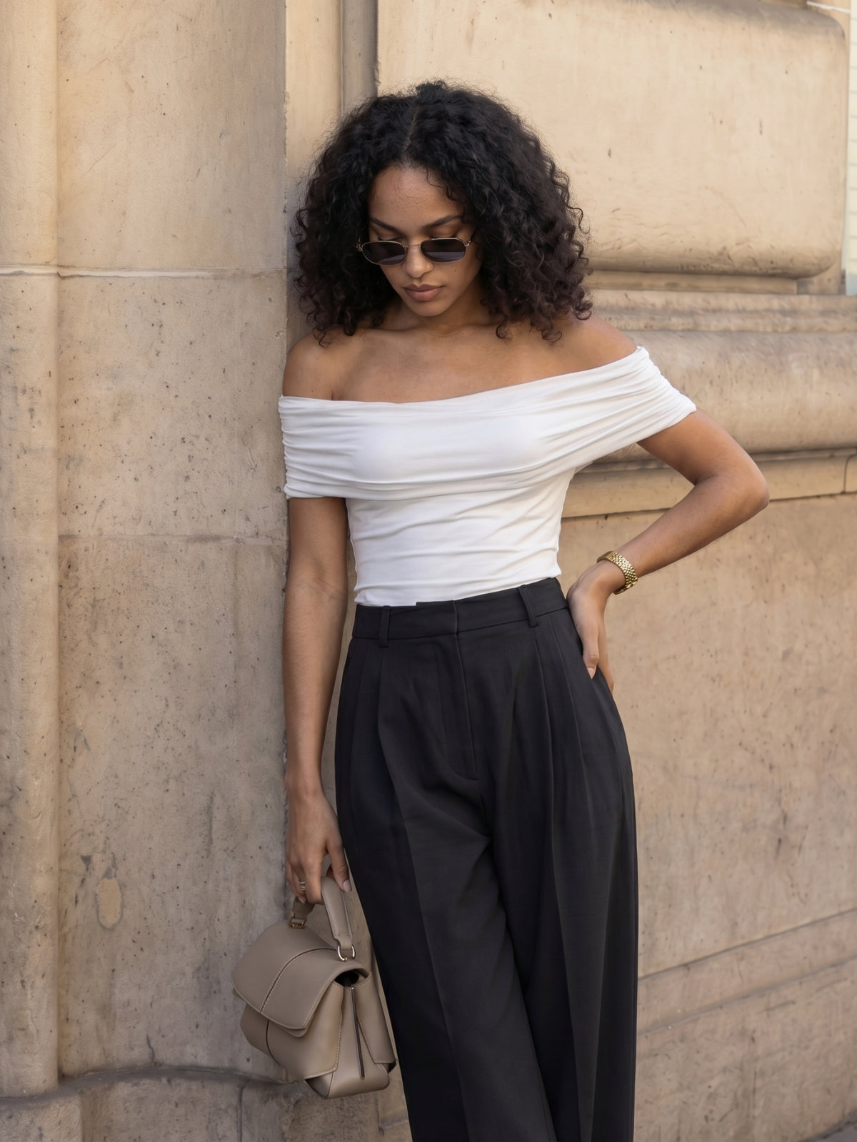 High Waist Pleated Wide Leg Trousers - Black