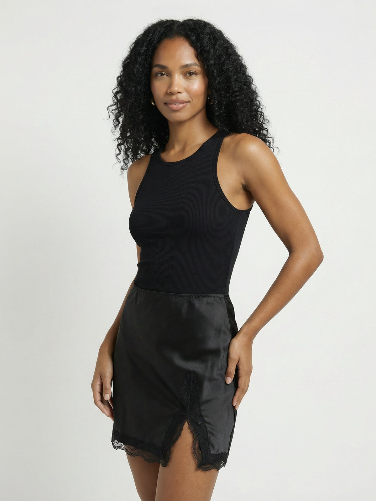 Lace Trim Satin Mini Skirt