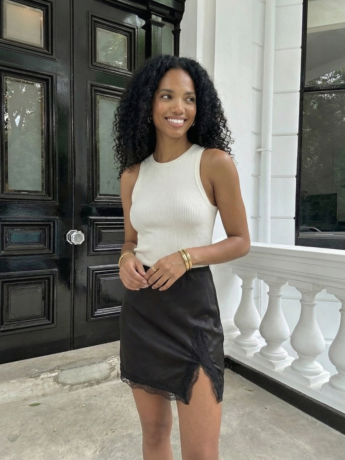 Lace Trim Satin Mini Skirt