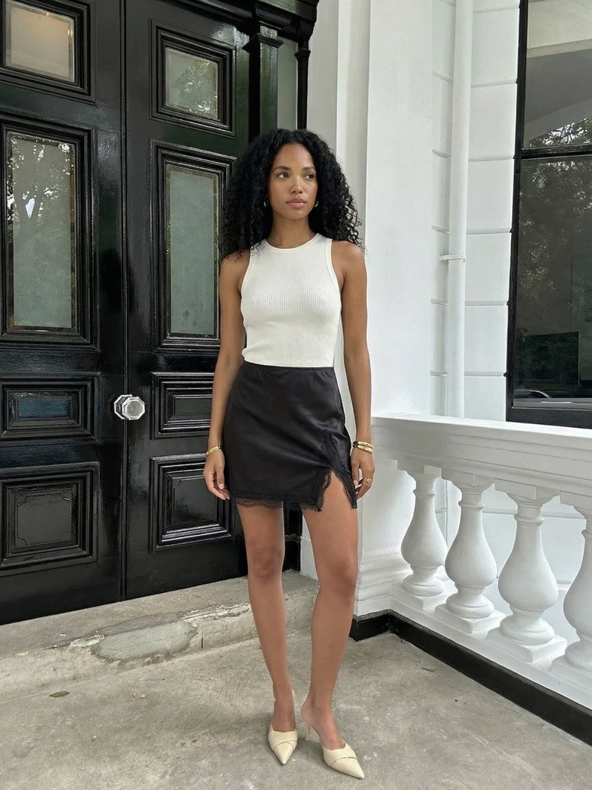 Lace Trim Satin Mini Skirt